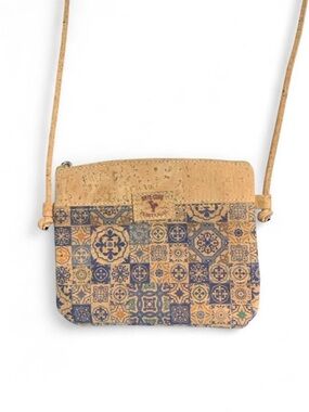 Portuguese Tile-Print Cork Crossbody Bag in Natural Blue - Portugal Inspired